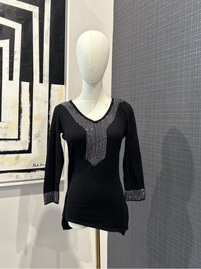 Belldini Black Long-Sleeve V-Neck Tee with Silver Stud Detailing